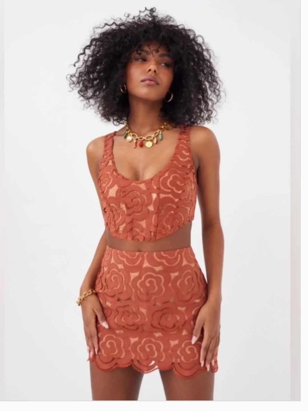 For Love & Lemons Rust Lace Corset Top & Mini Skirt Set XS